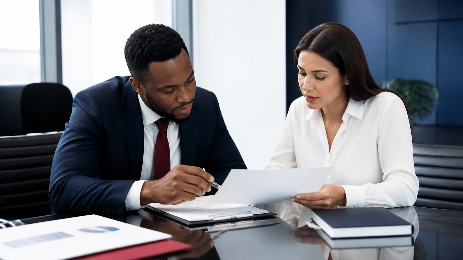 Two insurance agents discussing contract documents in a modern conference room, illustrating how agency teams are evaluating the latest State Farm policy changes together.