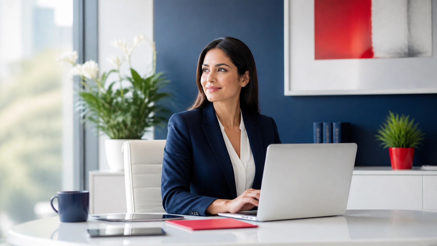 A professional insurance agent in a modern office enjoying the peace of mind that comes from a fully managed office network.