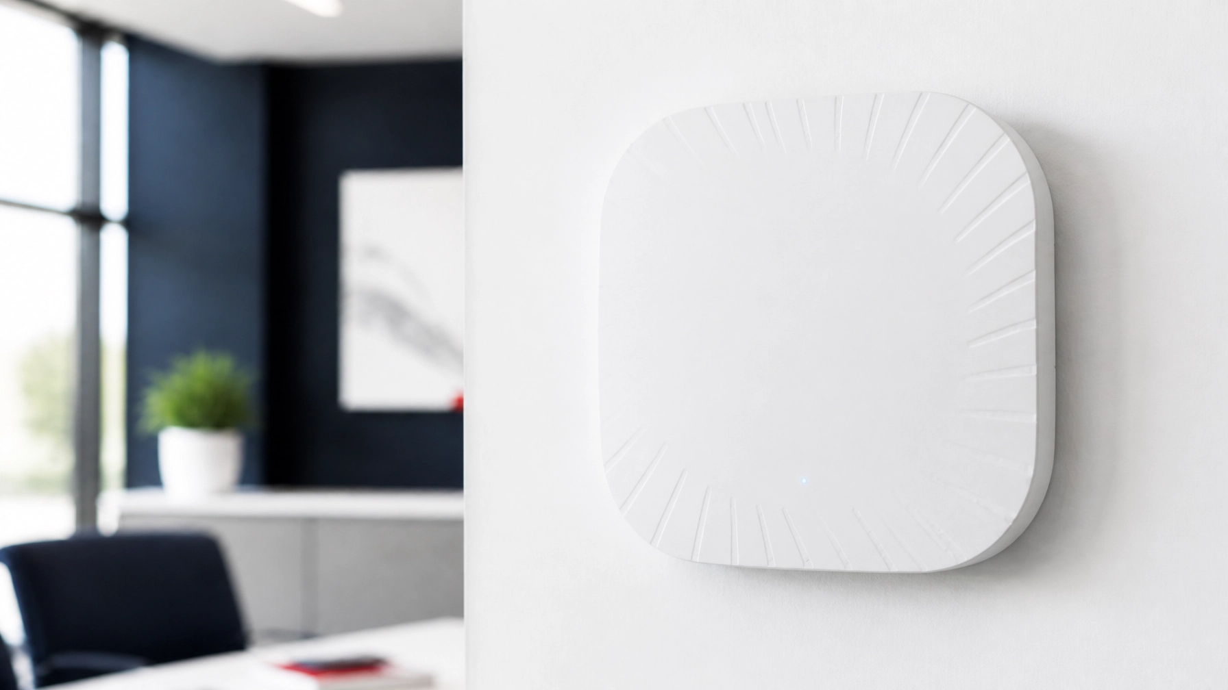 Close-up shot of a sleek, minimalist white commercial-grade Wi-Fi access point mounted on a clean white office wall.