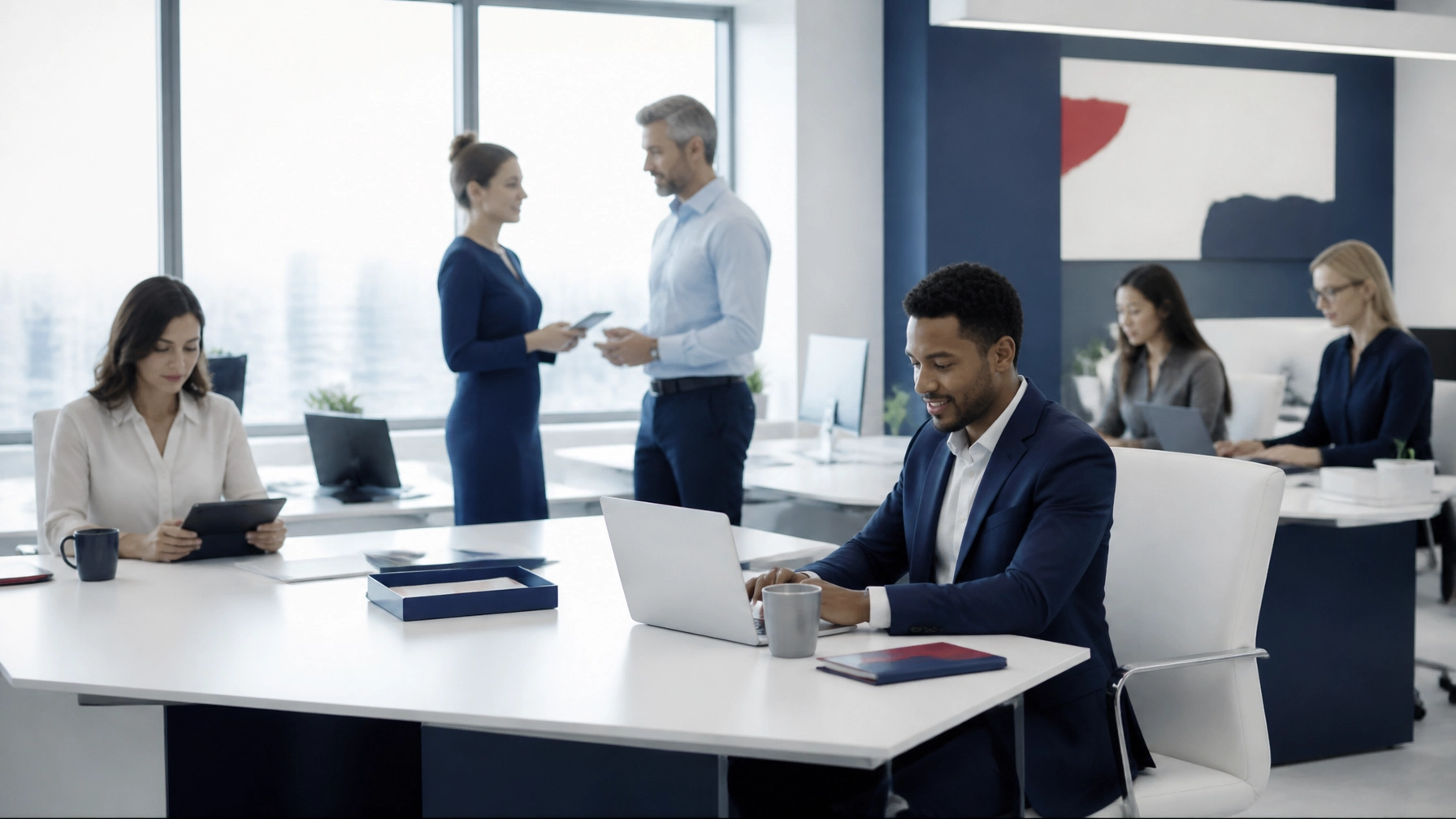 A diverse insurance agency team working in a bright, stress-free office where technology blends into the background and supports productivity.