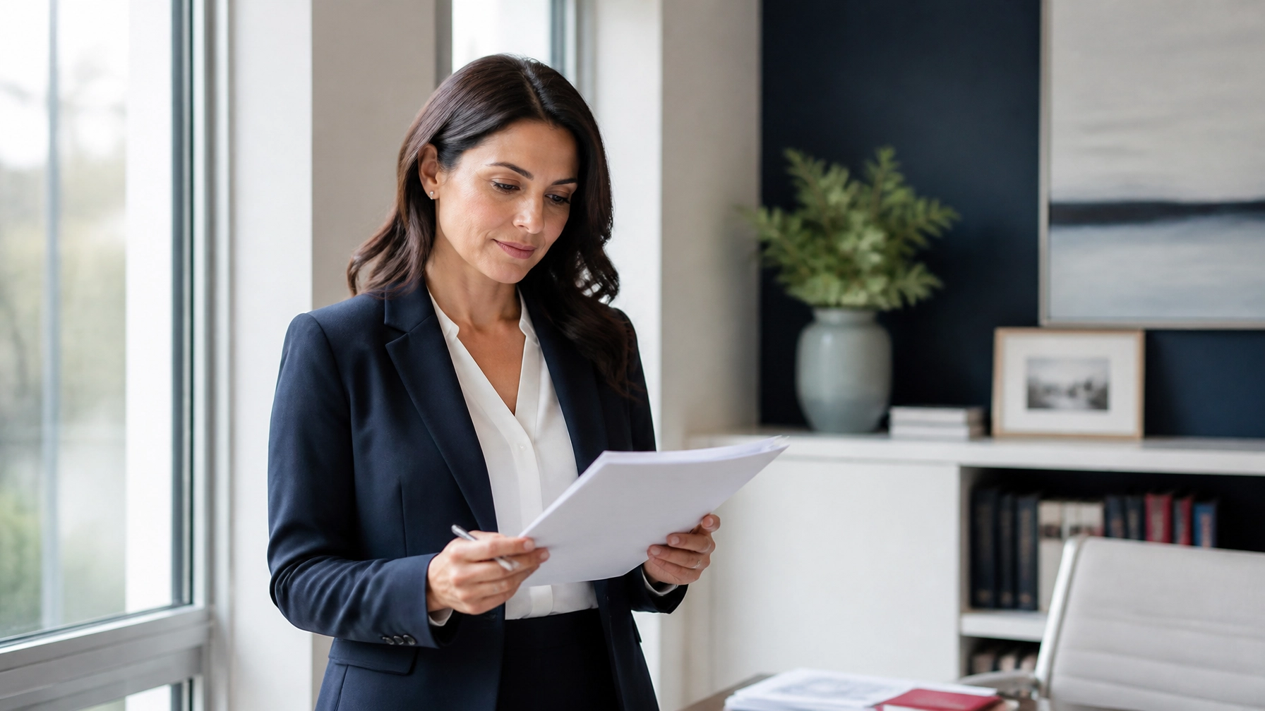 A professional insurance agent standing by an office window reviewing paperwork, showing the planning and uncertainty created by State Farm's updated contract timeline.