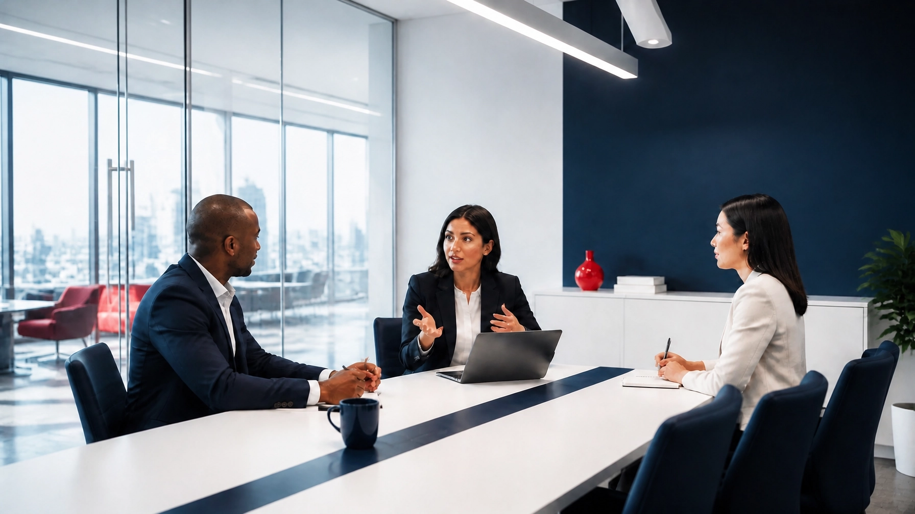 A bright, modern office interior with a diverse group of three professionals engaged in a meeting in a glass-walled conference room.
