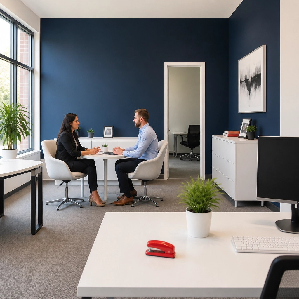 A clean, modern small business office interior with natural lighting and an organized workspace.