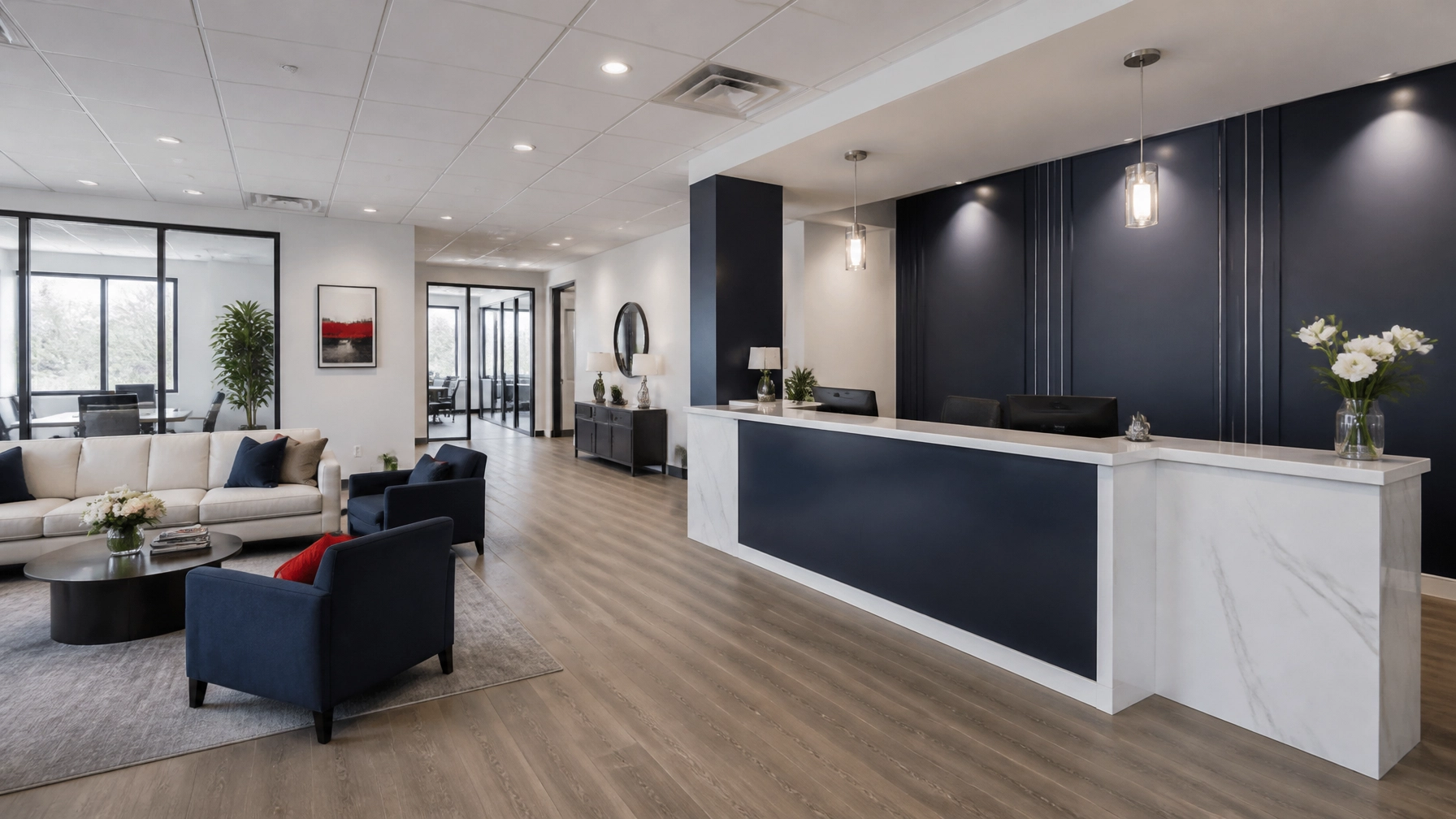 A clean, high-end insurance agency reception area in a navy blue and white palette, showing the polished environment a managed network can support.