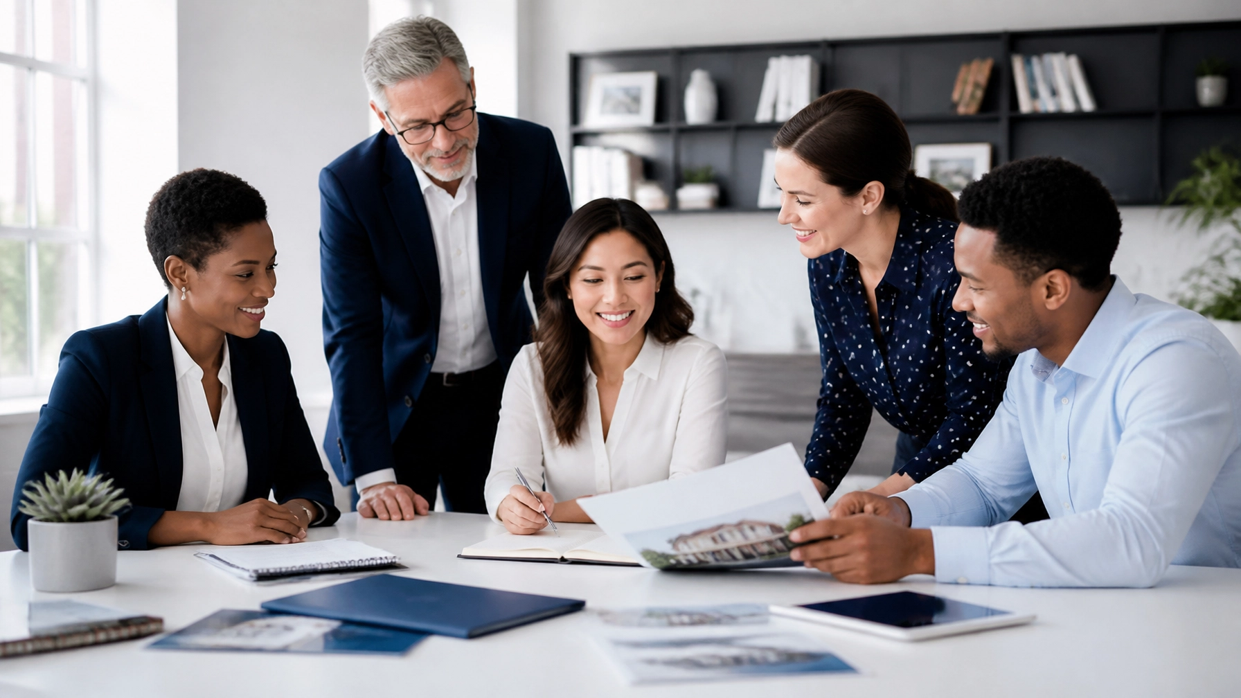 A diverse group of insurance agents meeting in a bright, professional office, illustrating the people and planning behind State Farm contract changes.