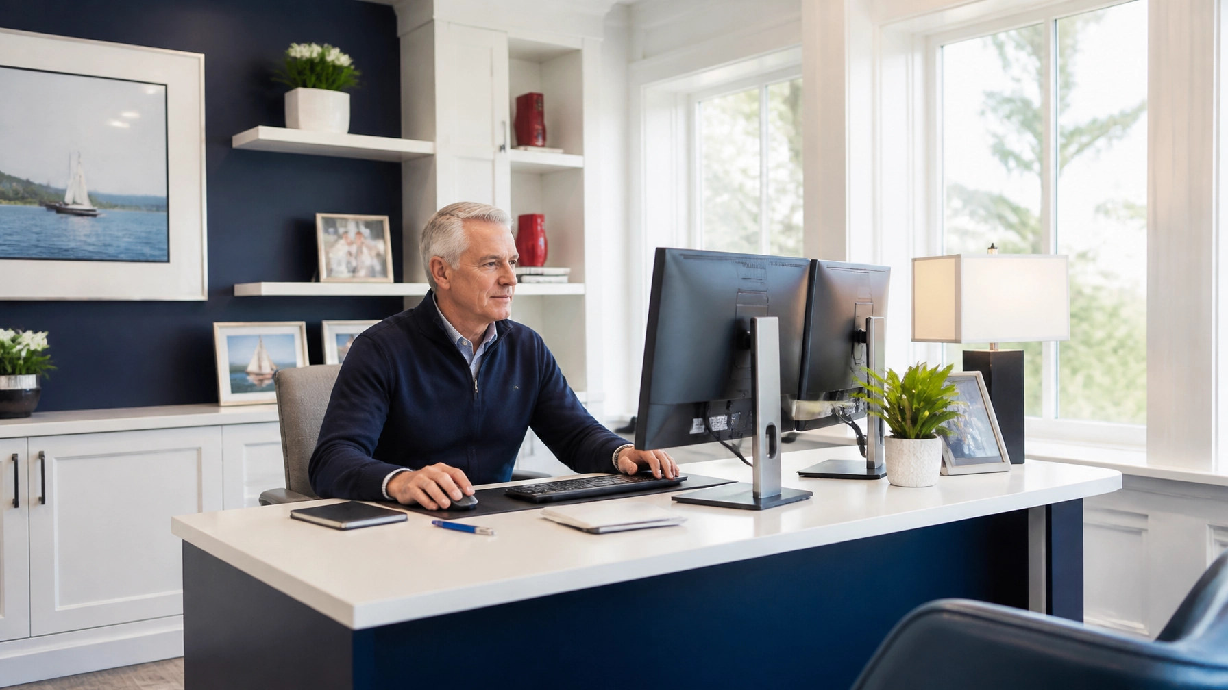 A bright boutique insurance office with an older Caucasian male agent with grey hair focused at a modern dual-monitor workstation, showing the productivity and calm that come from reliable managed internet.