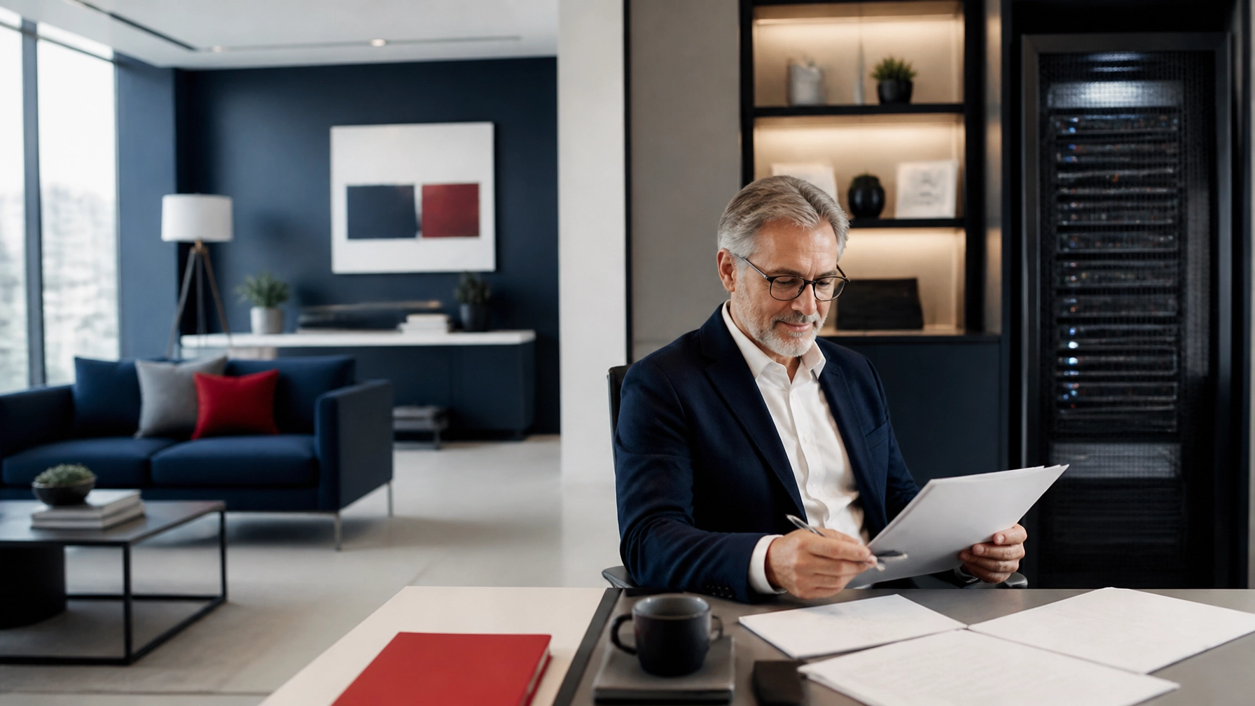 A spacious modern insurance office lounge with an older Caucasian male agent with grey hair reviewing work confidently near neatly installed enterprise networking hardware, showing a clean and stress-free managed office environment.