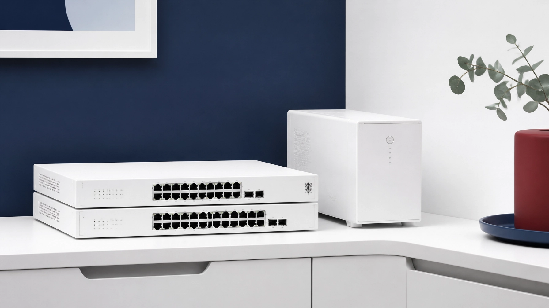 Minimalist managed network hardware and compact UPS on a clean office shelf, showing the tidy commercial-grade setup that supports backup internet and battery protection.