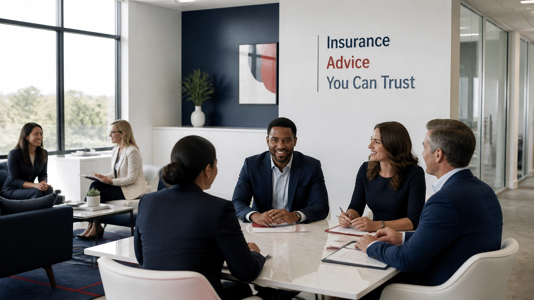 A wide-angle view of a bright insurance office with diverse agents meeting together, emphasizing business planning during organizational change.