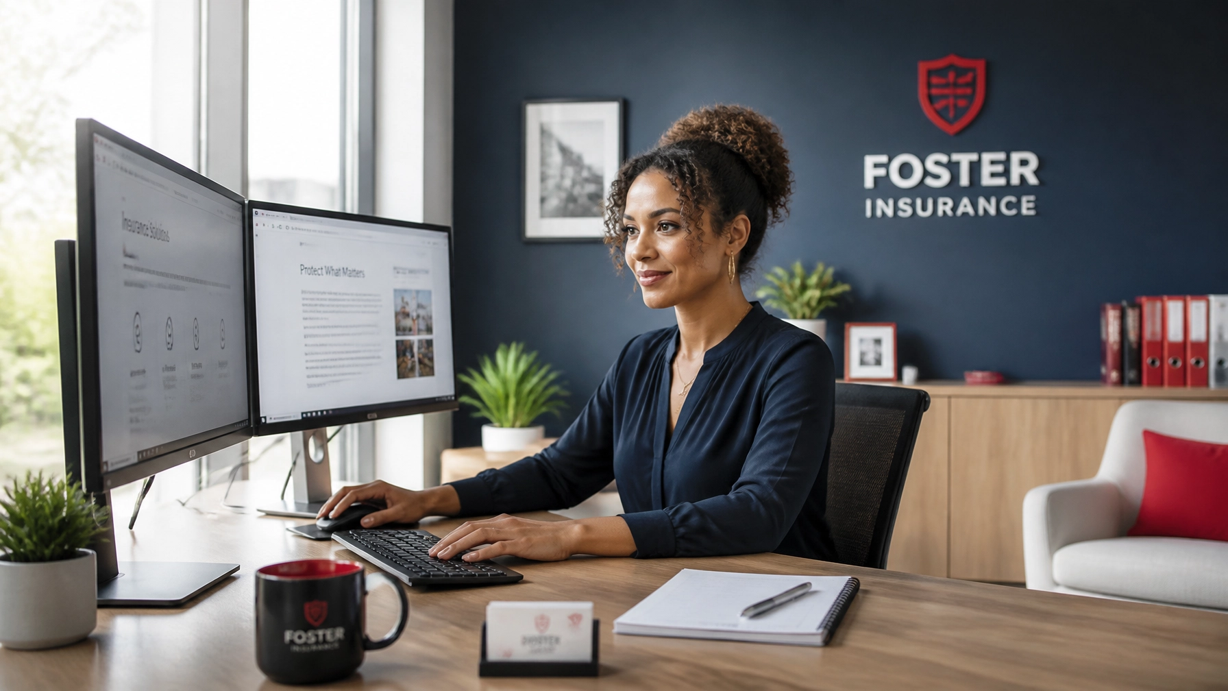 Professional insurance agent collaborating in a modern office with minimalist decor and warm lighting