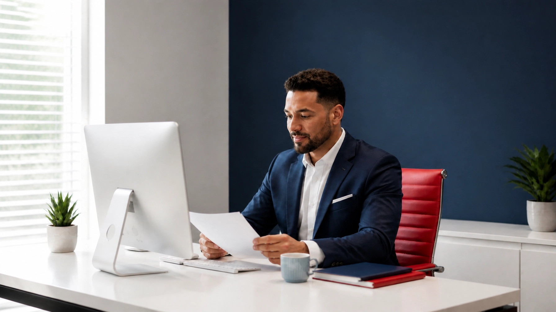 A diverse male insurance agent reviewing policies on a sleek computer setup in a pristine, sunlit office