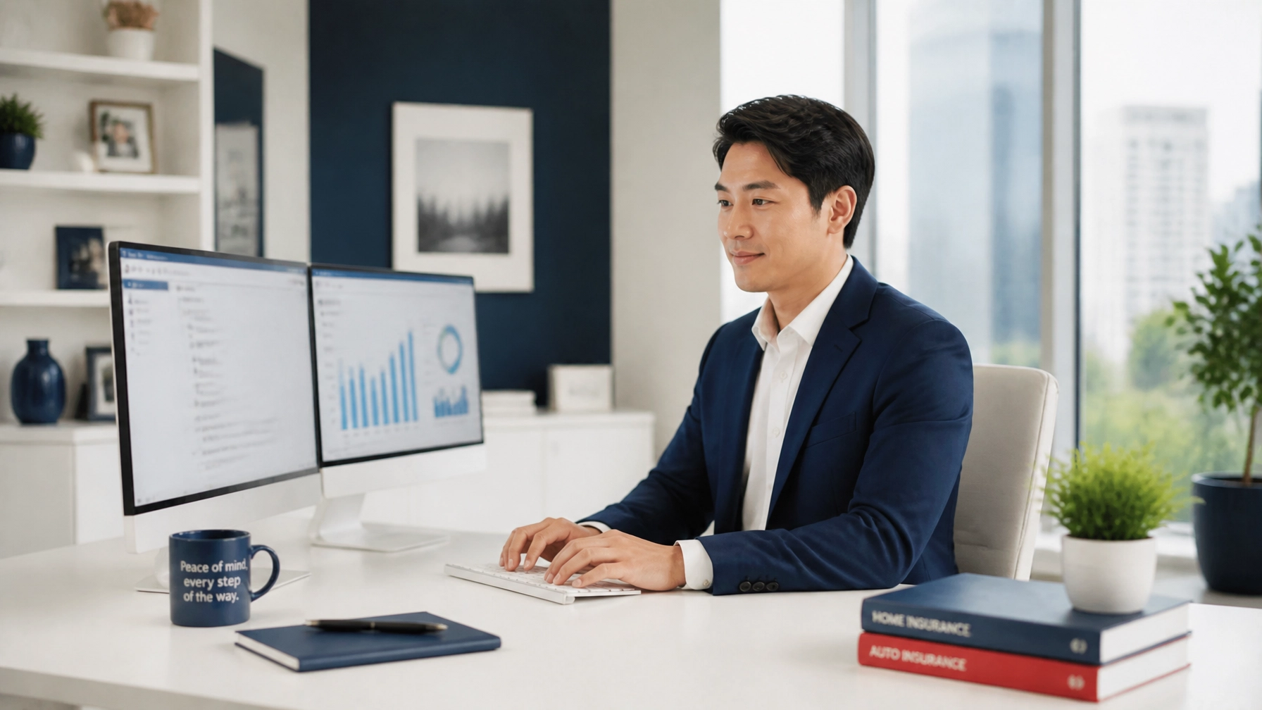 Male insurance agent of Asian descent with light features working at dual monitors in a bright, spacious office with minimalist integrated technology and no visible cable mess, showing a calm and productive managed workspace.