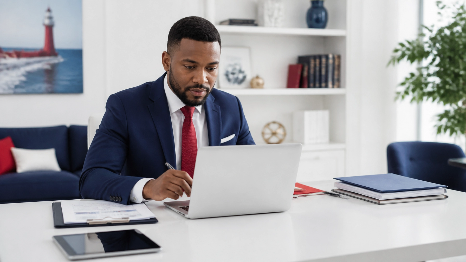High-end insurance office consultation area with an African American male agent reviewing documents on a laptop, showing a minimalist tech setup that feels calm and uncluttered.