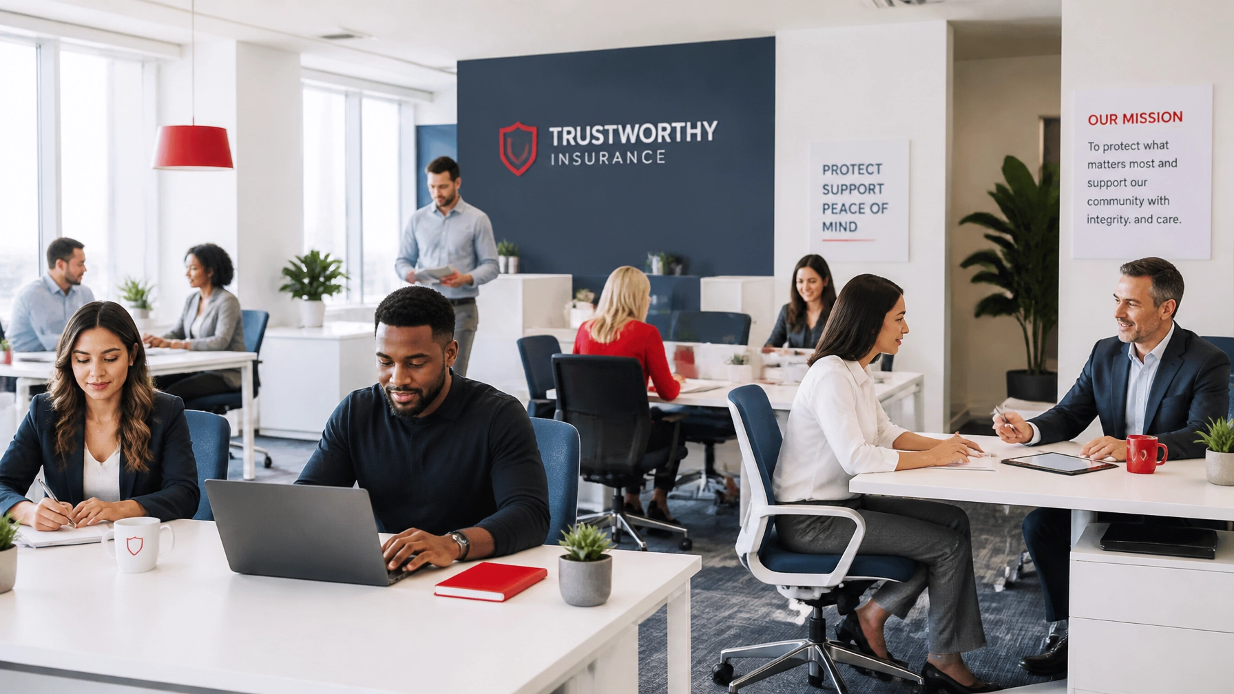 A wide shot of diverse insurance agents working in a calm, modern office, representing the day-to-day business reality behind State Farm's contract decisions.