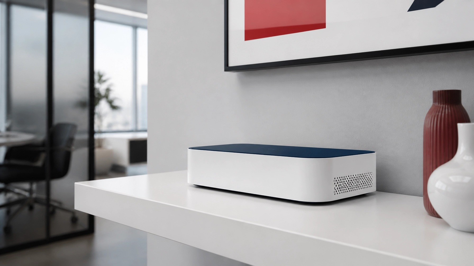 Minimalist commercial networking hardware displayed in a clean, cable-free professional office environment to show enterprise-grade reliability without clutter.
