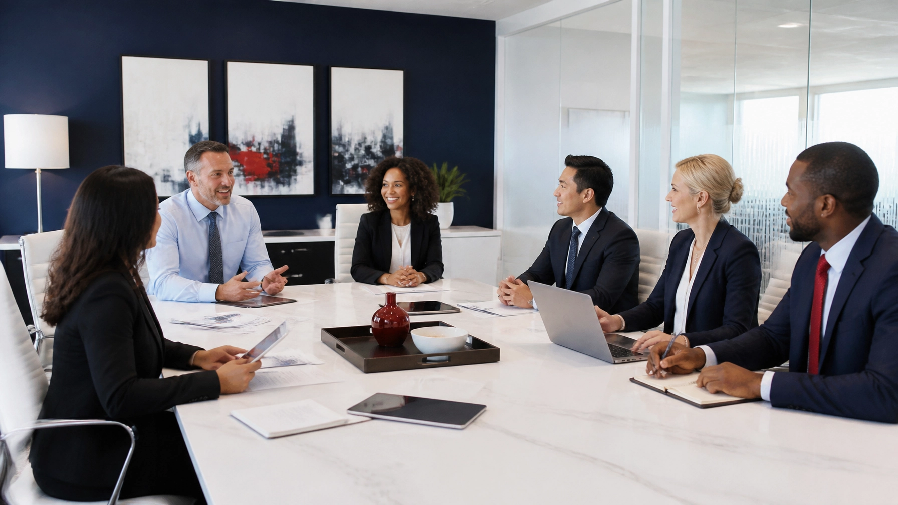 Diverse insurance agency team meeting in a bright modern conference room with clean professional design, illustrating a productive office supported by reliable connectivity.