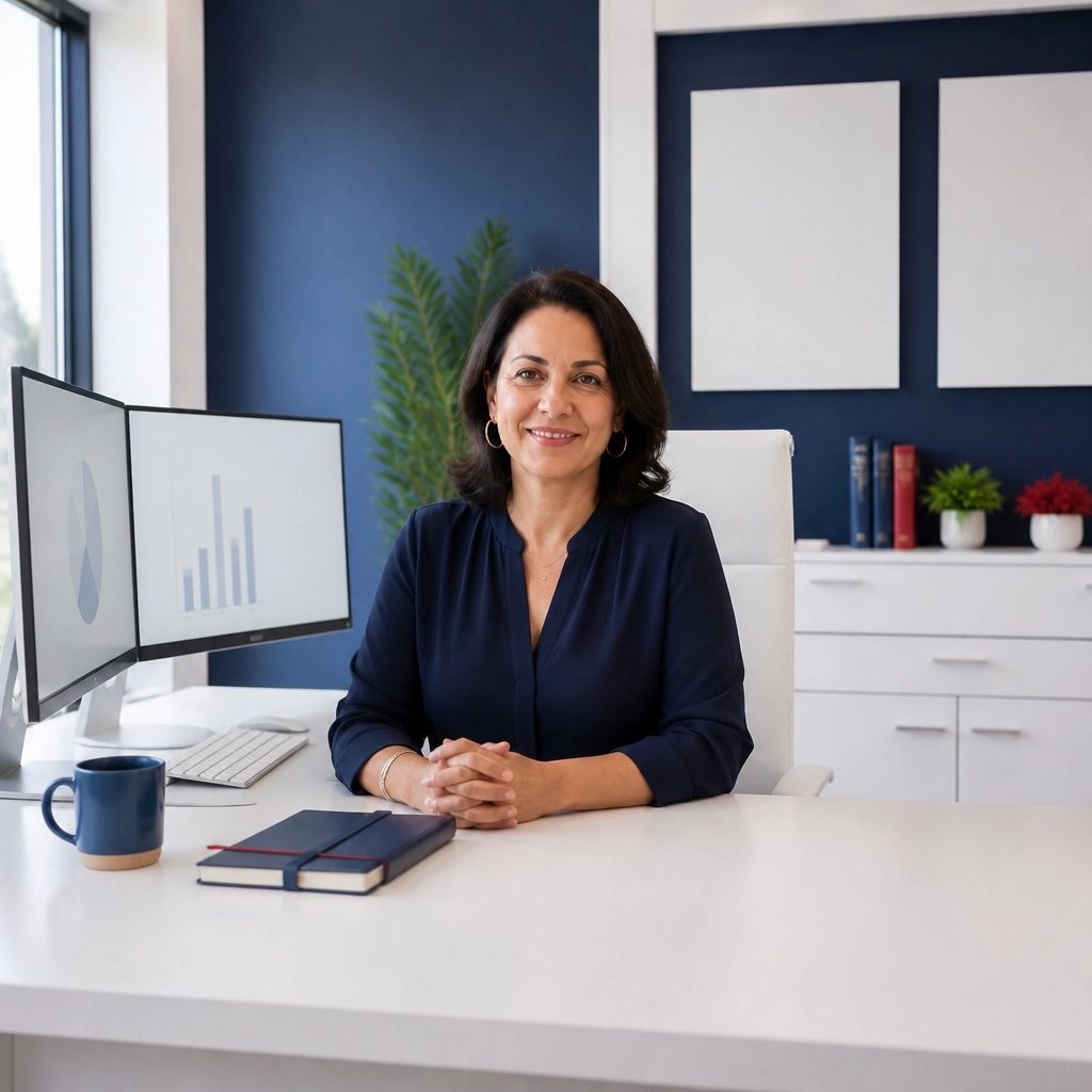 A relieved female insurance agent smiling at her desk, enjoying a productive and peaceful office.