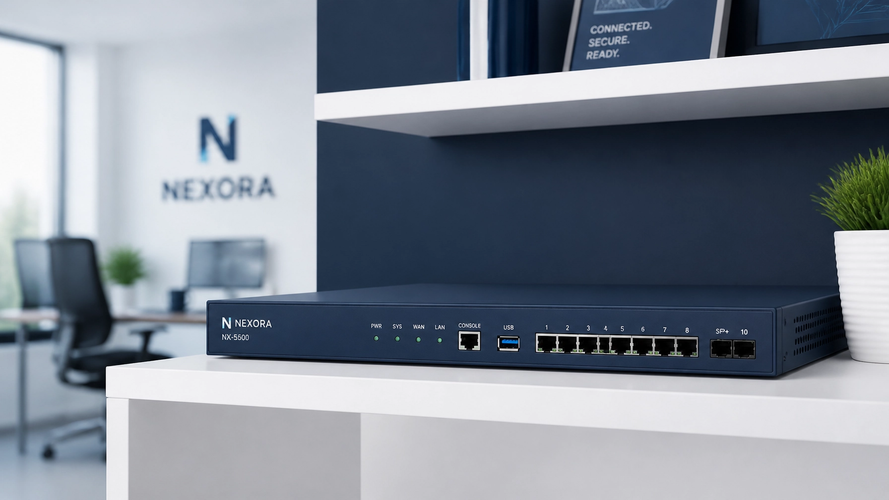 Sleek network hardware neatly integrated into a professional office environment