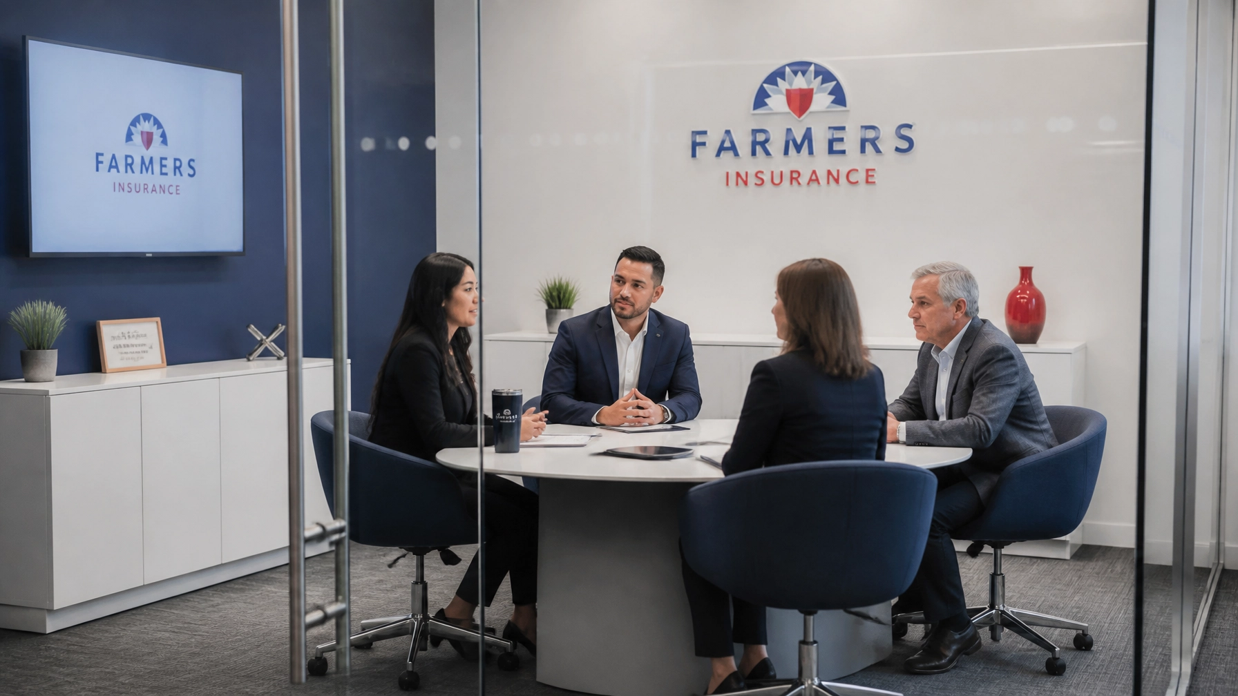 A minimalist conference room where a diverse group of insurance agents are engaged in a calm, professional discussion about their future.