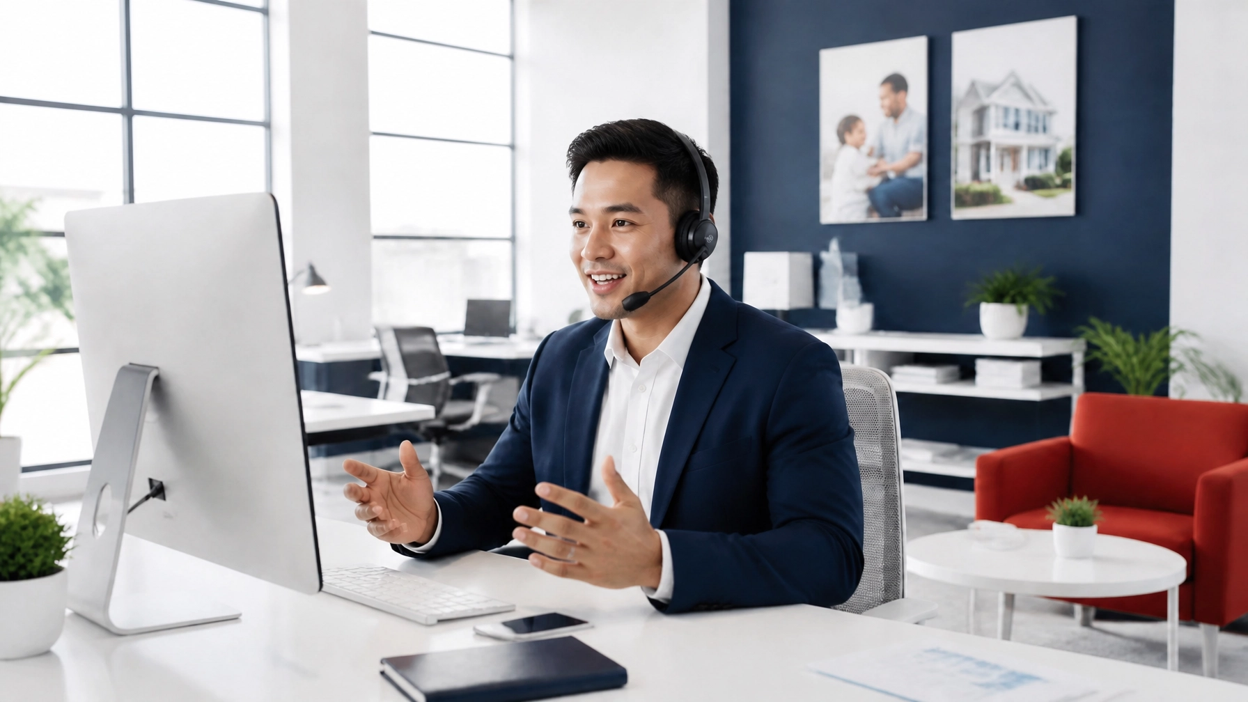 Male insurance agent of Asian descent with light features using a professional headset in a bright, modern agency office with clean surfaces and seamless technology, showing reliable communication without tech clutter.