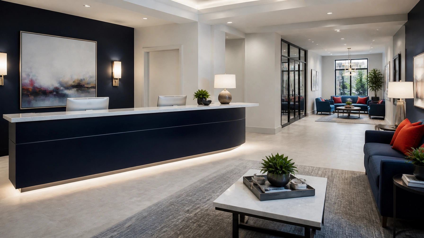 Spacious agency reception area with navy and white decor and subtle red accents, showing a calm professional office environment where technology stays in the background.