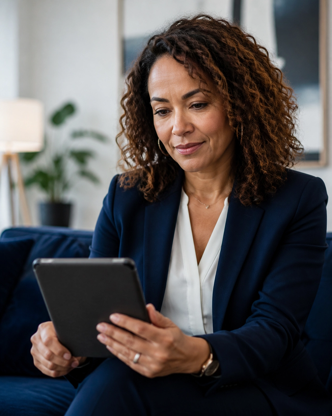 A professional agent thoughtfully reviewing documents on a tablet in a modern, navy-blue themed office lounge.
