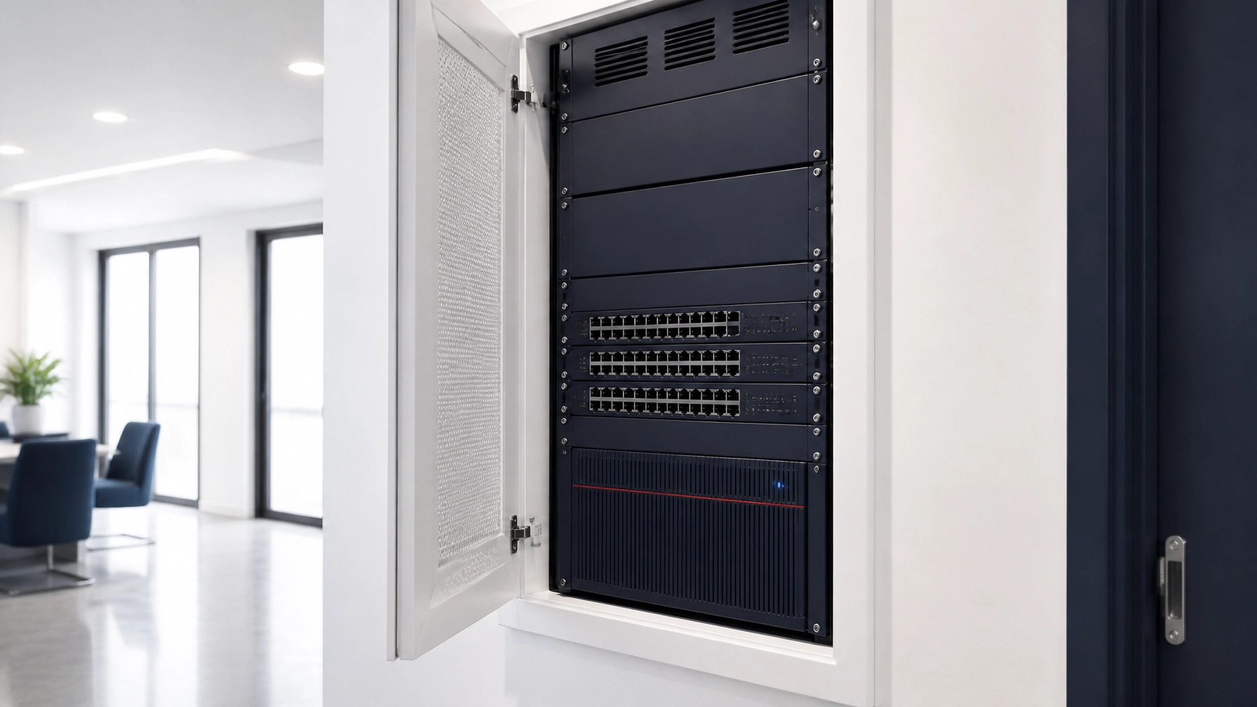 Commercial-grade network hardware neatly installed in a clean, minimalist office setup with no visible cable clutter, showing the polished infrastructure behind managed VoIP performance.