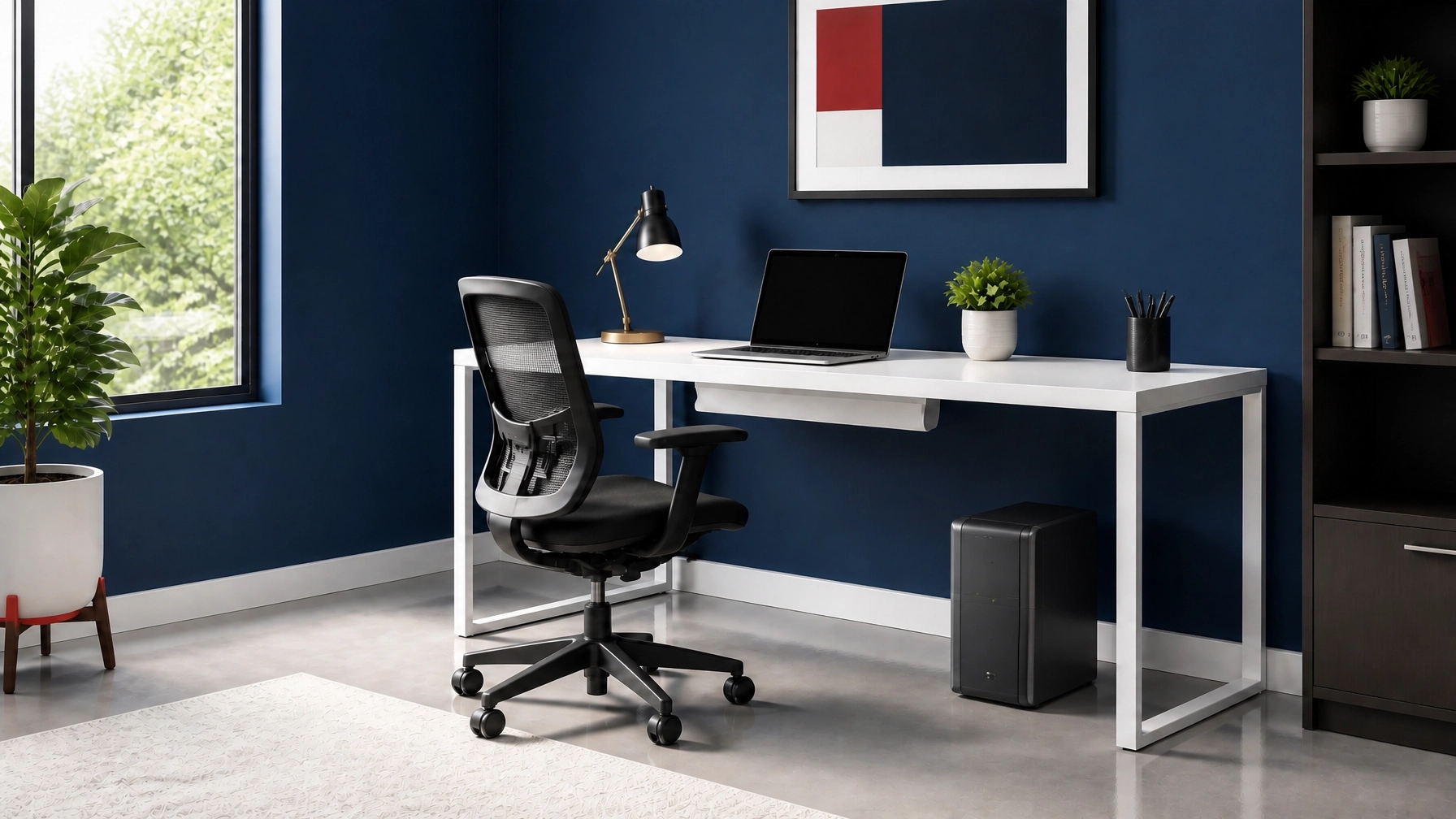 A clean, professional office corner showing a small, sleek battery backup unit (UPS) placed neatly under a modern white desk.