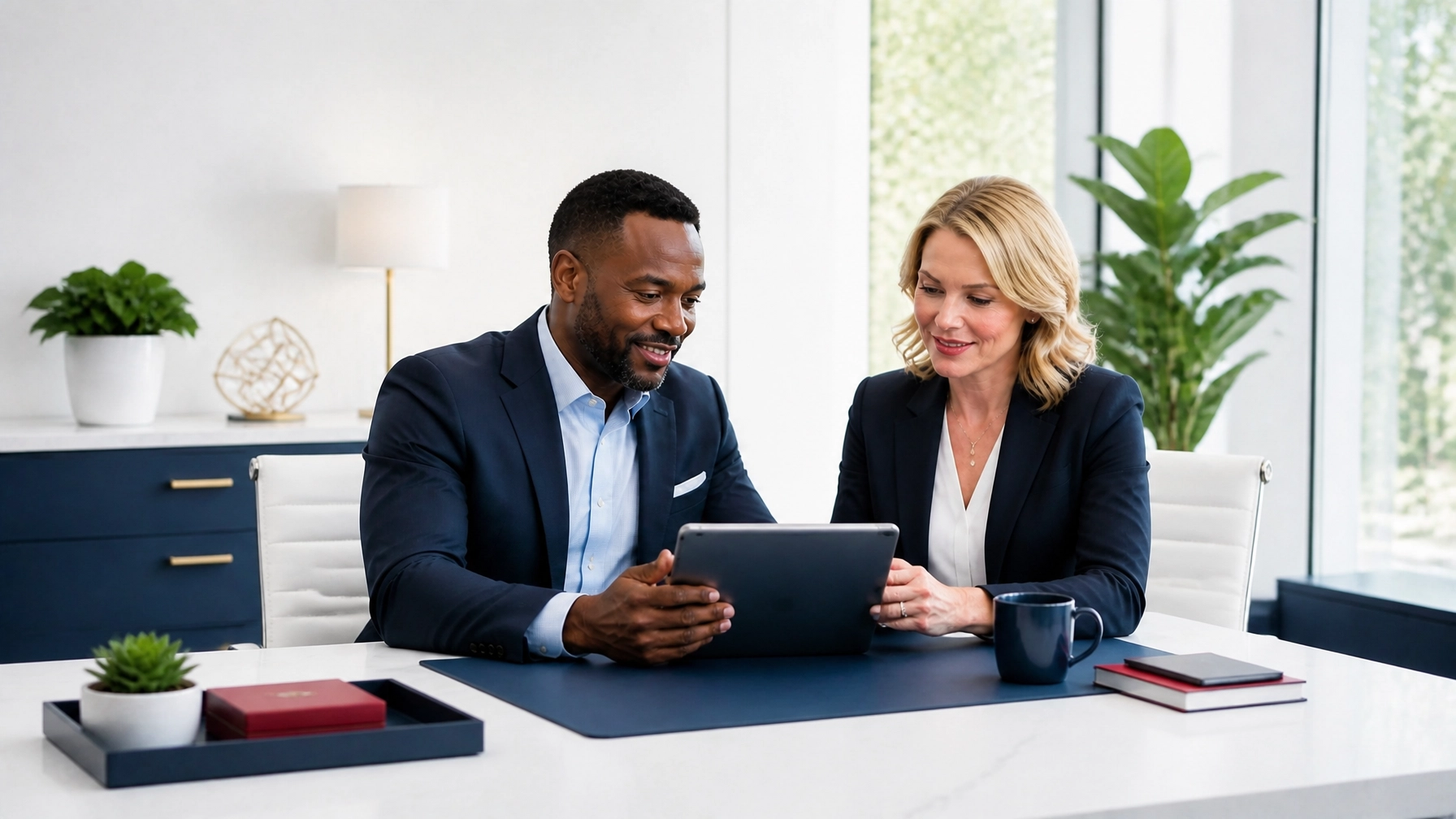 A professional office setting featuring two agents working collaboratively in a modern, bright workspace.