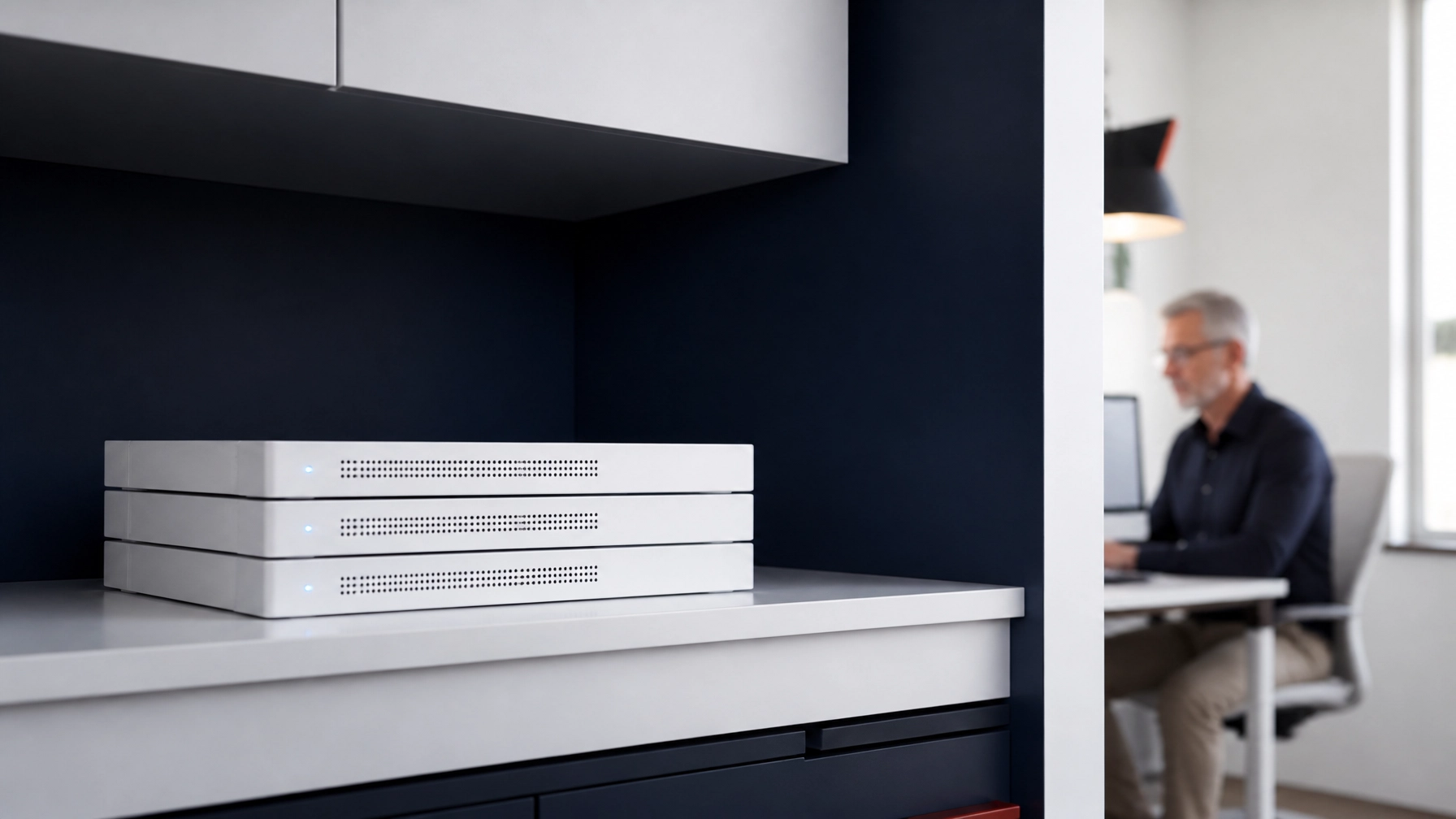 A close-up of sleek commercial-grade networking hardware in a bright office alcove with an older Caucasian male agent with grey hair softly in the background and clean cable management, showing the minimalist tech standard of a managed agency network.