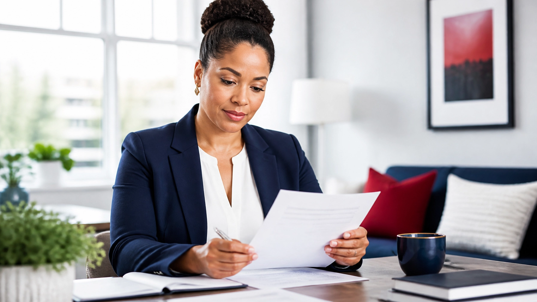 A professional agent focused on printed documents in a modern office, showing careful review of contract and benefit changes.