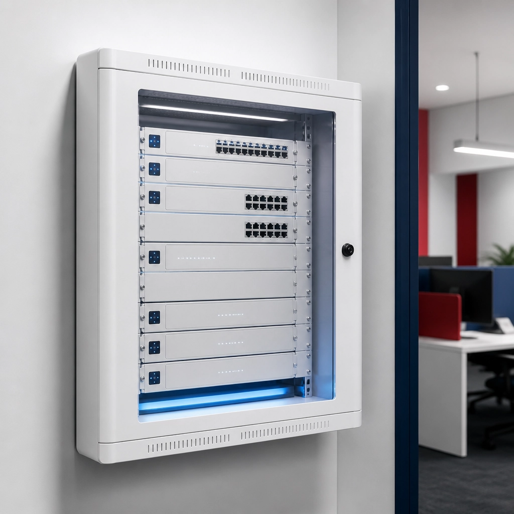 Sleek, professional white UniFi networking hardware mounted neatly in a clean modern office.